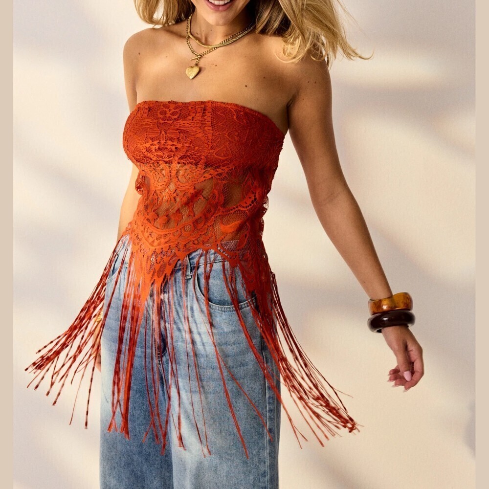 Rust Orange Sheer Lace Strapless Tube Top with Long Fringe Hem